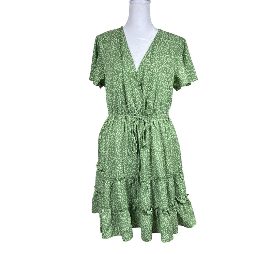IJOAH Dress Tiered Mini‎ Floral Print V-Neck Short Sleeve L Green Cottagecore